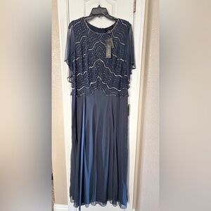 J Kara Navy Steel Blue Beaded Overlay Flutter Sleeve Gown ~14